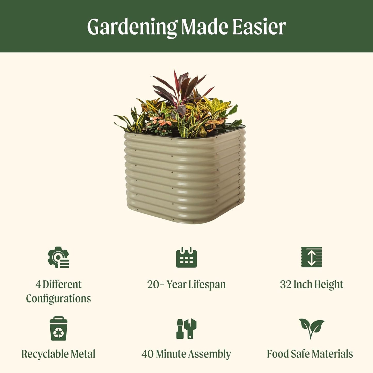 Vego garden 32" Extra Tall Raised Garden Bed Kits, 4 in 1 Modular Raised Planter Box for Vegetables Flowers Fruits Oval Metal Raised Garden Bed- Modern Gray