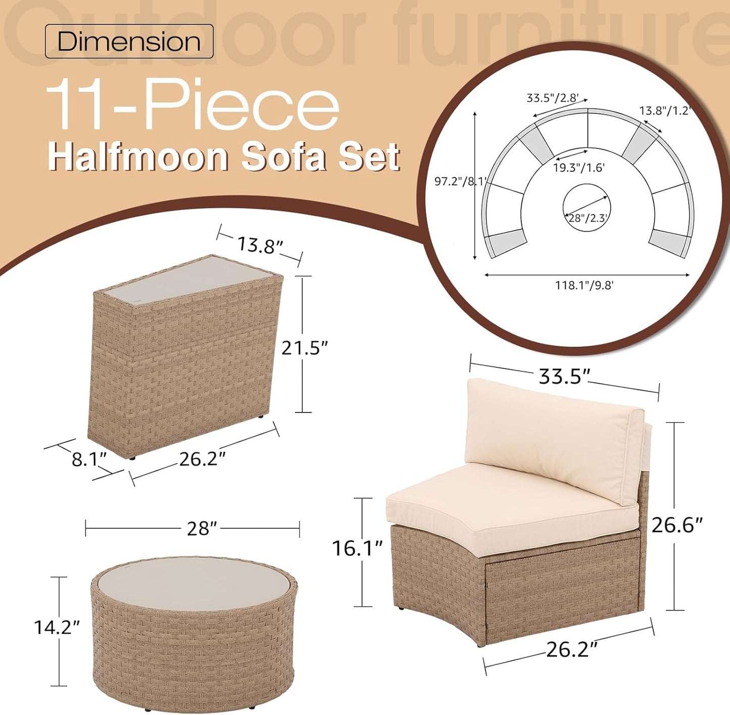 SUNSITT Outdoor Patio Furniture 11-Piece Half-Moon Sectional Round Patio Furniture Set Curved Outdoor Sofa with Tempered Glass Round Coffee Table, 4 Pillows, Natural Color Rattan