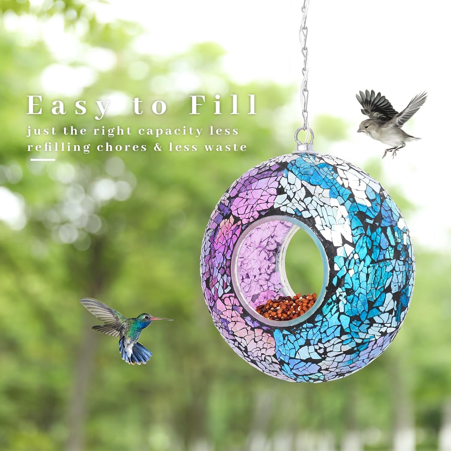 VCUTEKA Mosaic Bird Feeder Solar Fly Through Birdfeeder for Outside Hanging Round Shape Glass Container to Attract More Wild Bird Feeders for Garden Decor as Gift for Bird Lovers, 8-Inch