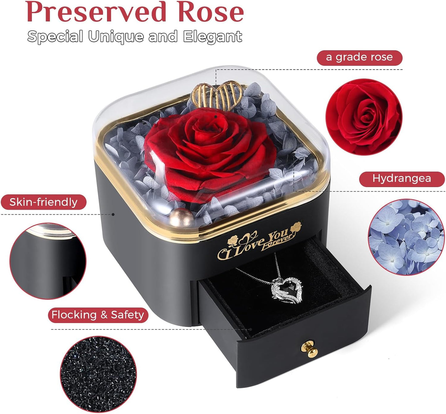 Mikasol Preserved Rose & Heart-Shaped Necklace with Jewelry Box - Preserved Rose, Ideal Romantic Gift for Women, Anniversary, Valentines, Black, 4.9"x4.5"x4.1"