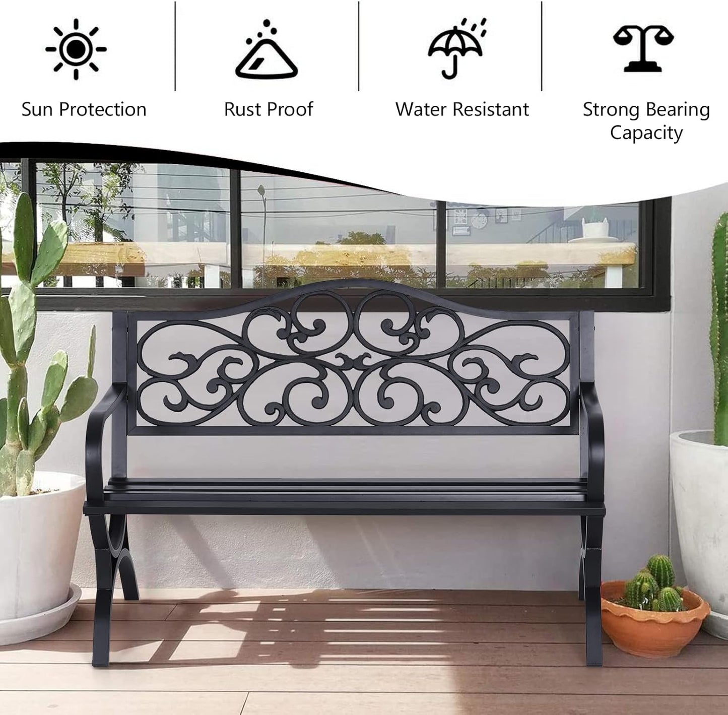 Sophia & William 50" Outdoor Garden Bench Patio Park Bench, Cast Iron Metal Frame Furniture with Floral Design Backrest for Porch Yard Lawn Deck, Black