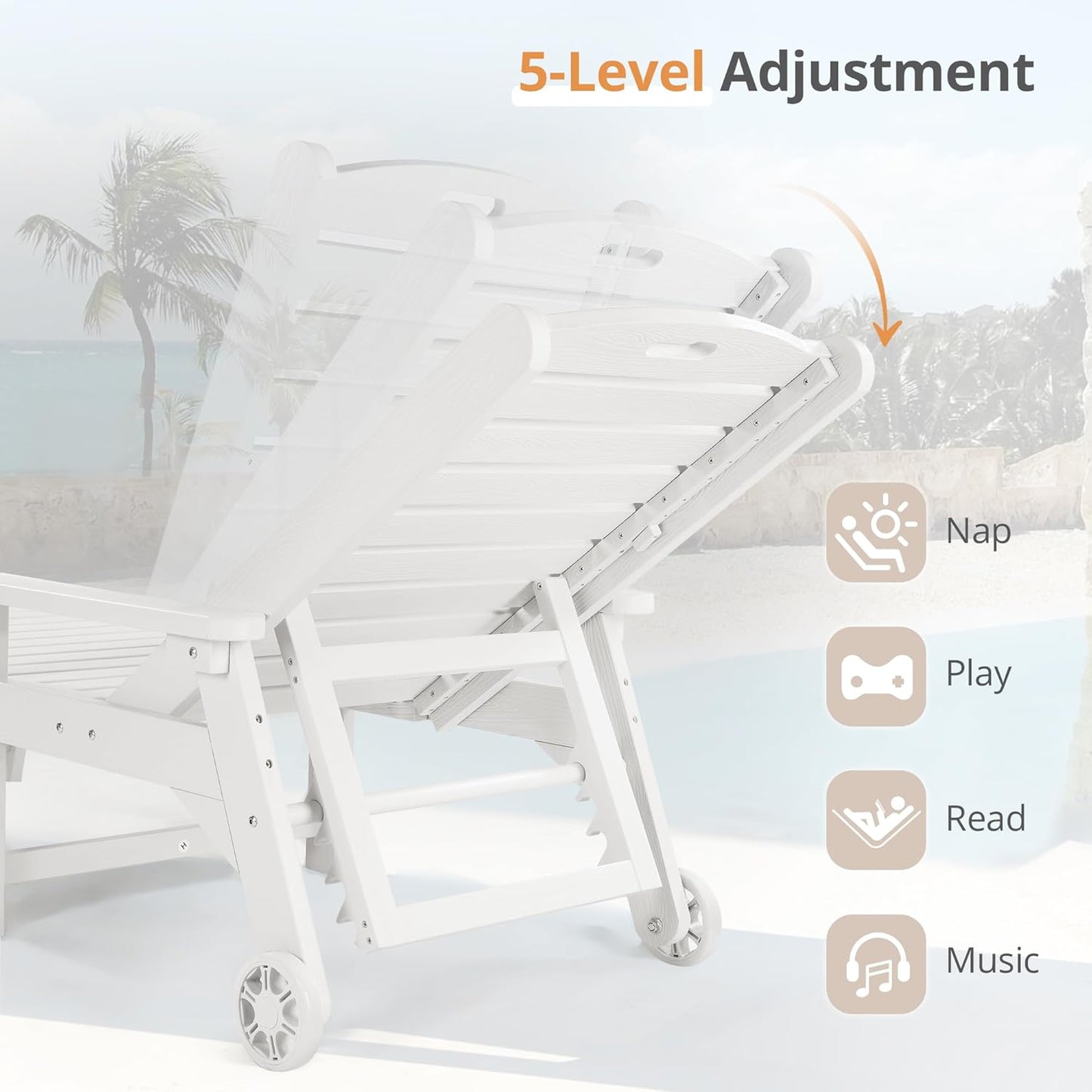 LUE BONA Outdoor Chaise Lounge Chairs Set of 4, 79'' Oversized HDPS Chaise Lounger, 5 Positions Adjustable Lounge Chairs, Pool Lounge Chair with Wheels for Poolside, 3 Year Warranty, White