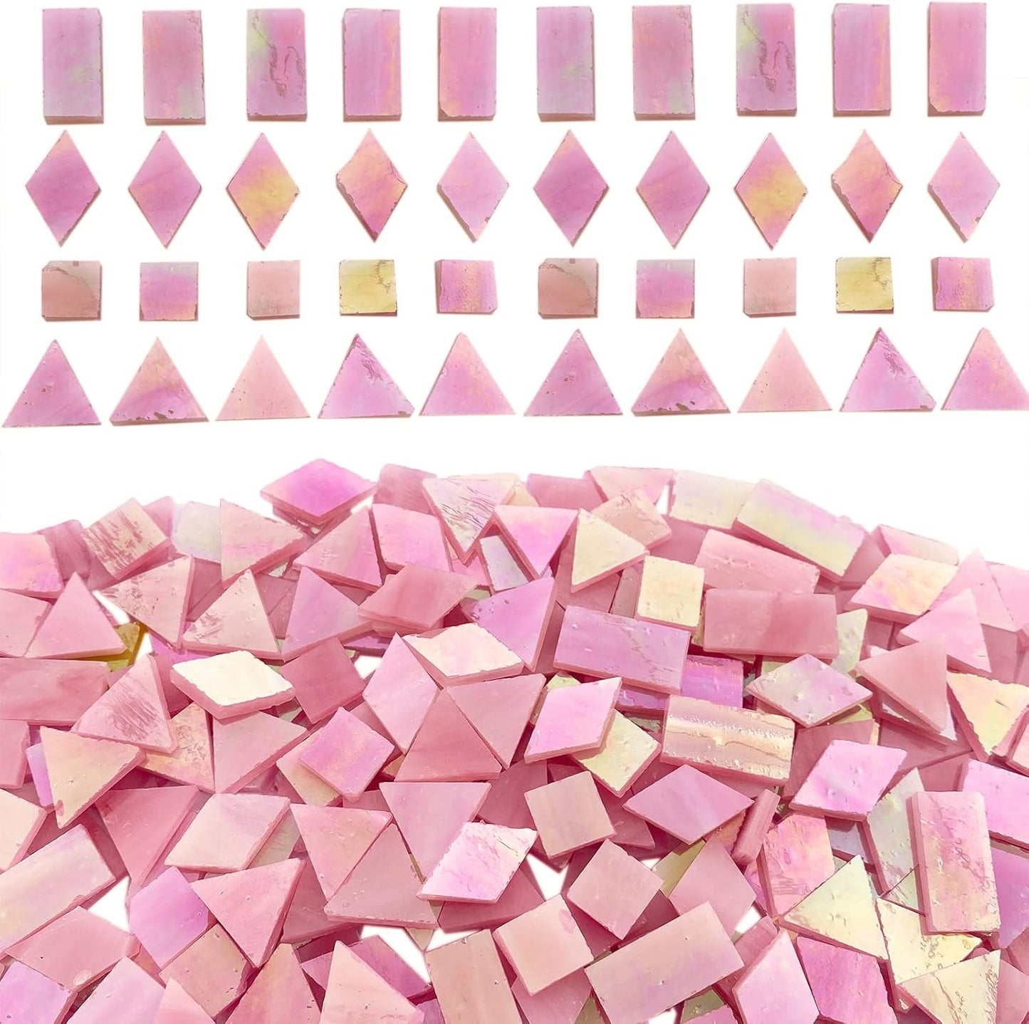 Magic Iridescent Pink Stained Glass Mosaic Tiles for Crafts, 280 Pieces Mixed 4 Shapes Stained Glass Sheets Pieces for Mosaics