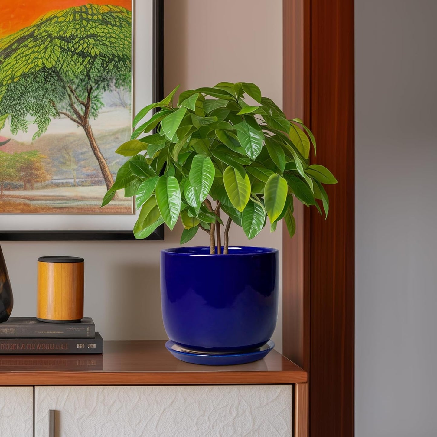 8 Inch Ceramic Plant Pot - Decorative Round Planter for Indoor Plants with Drainage Hole and Saucer, Home House Room Office Garden Decor, Blue