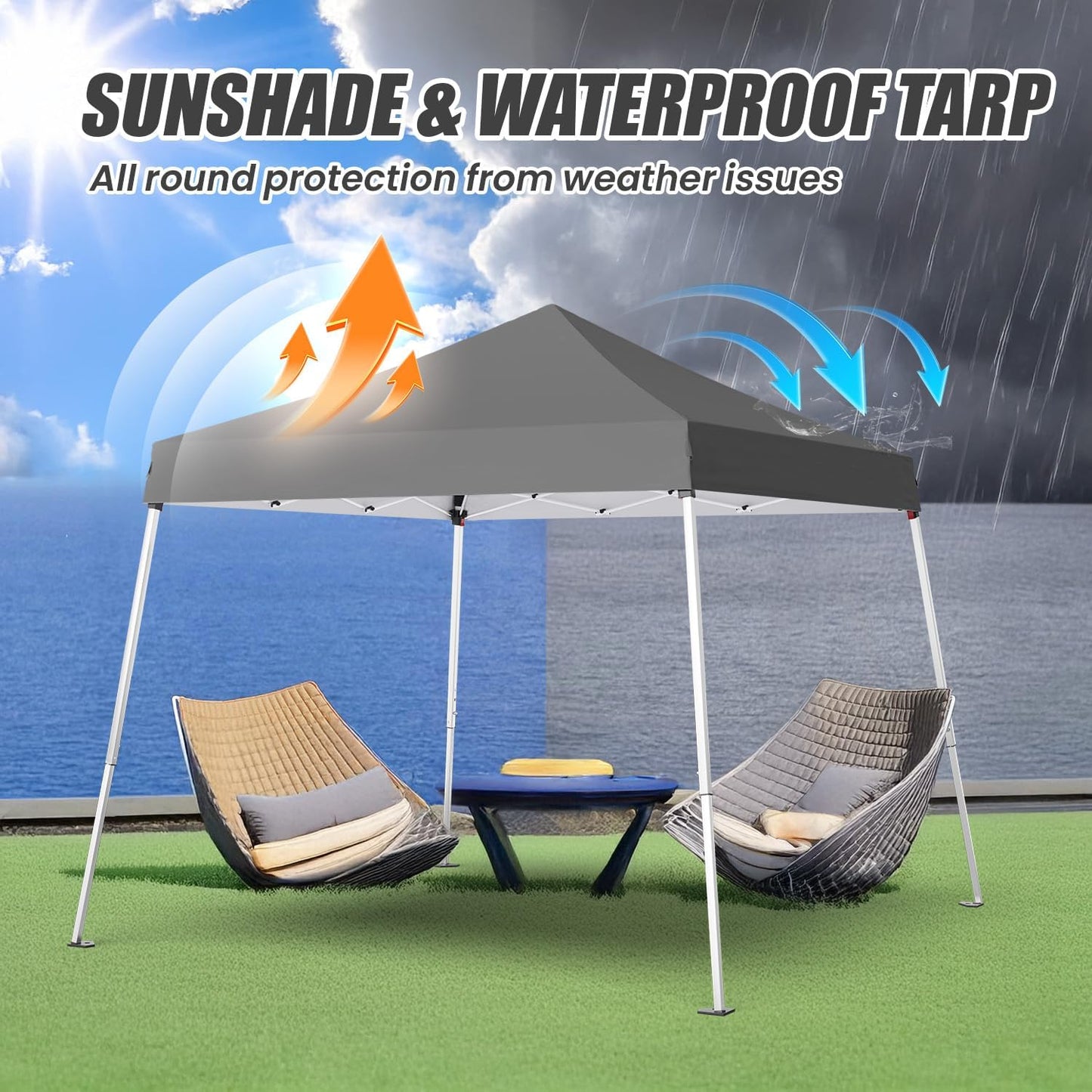 10x10 Pop Up Canopy, 300D Silver Coated Grey Fabric Outdoor Gazebo, Beach Tent Slant Legs with Storage Bag,Easy Up Sun Shade Shelter Tents with 8x8 Top Cover for Patio,Party
