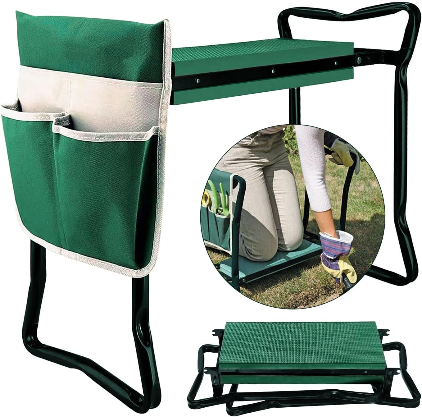 BDL Garden Kneeler Seat with Upgraded Thicken Kneeling Pad and 1 Large Tool Pouch, Foldable Stool 330lb Capacity-Protects Your Knees, Clothes from Dirt & Grass Stains