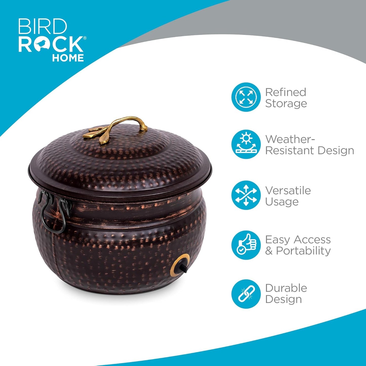 BirdRock Home Water Hose Holder - Decorative Metal Pot, Indoor or Outdoor, Garden Storage Organizer, Patio Portable Bucket - Distressed Bronze, Holds up to 200ft Hoses, Large with Lid