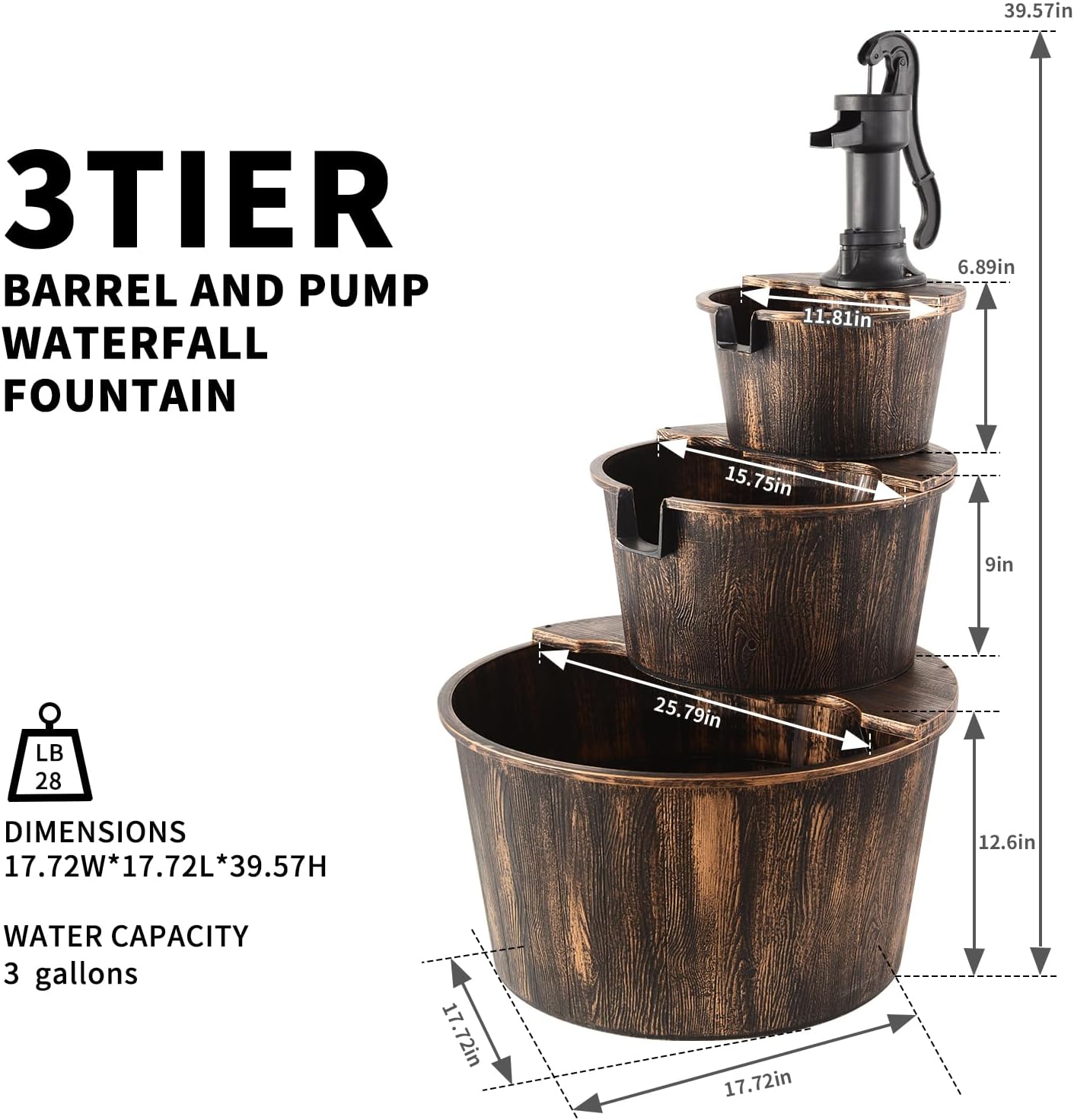 YI 40-Inch 3 Tier Barrel Waterfall Fountain Outdoor Water Fountains Barrel Wood 3-Tier Freestanding Rustic Pump for Garden Patio Backyard Porc