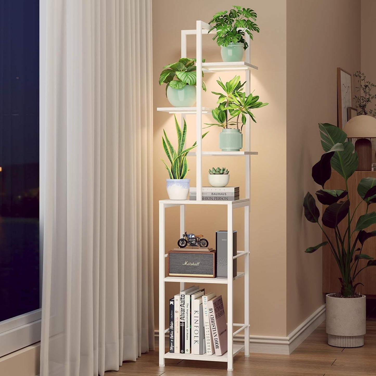 Plant Stand Indoor with Grow Light, 6-Tiered Tall Plant Stand Indoor, Metal Plant Shelf with Bookshelf Bookcase and Adjustable Light, Ideal for Living Room, Reading room, Garden, Patio (white)
