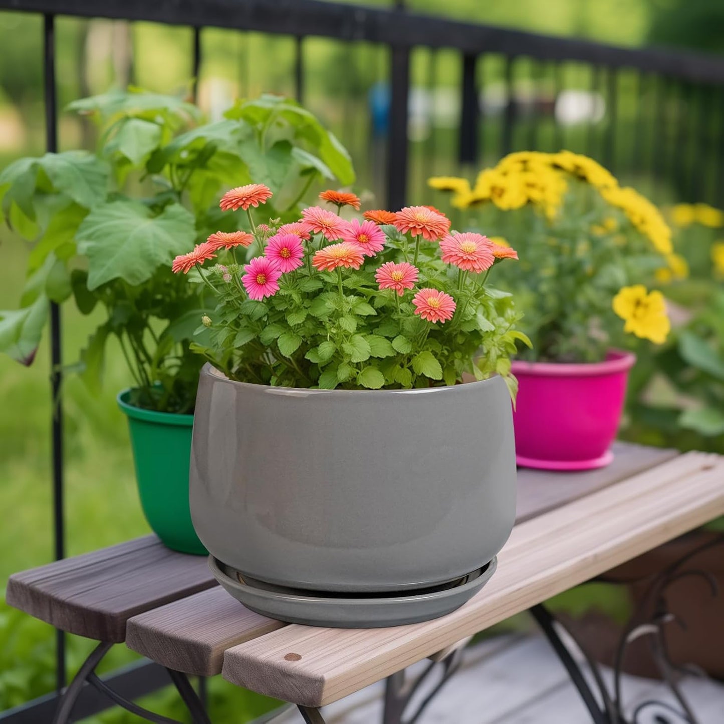 G EPGardening Ceramic Plant Pots - 9 Inch Modern Round Planter with Drainage and Plant Saucer for Indoor Outdoor Flower, Apartment Decor, Birthday Gifts, Grey