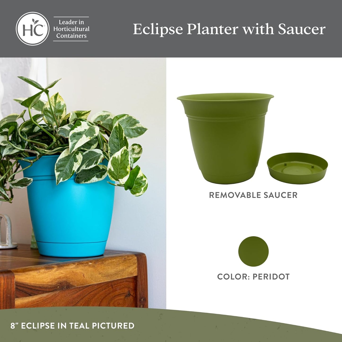 The HC Companies Eclipse Round Planter with Saucer - Outdoor & Indoor Plant Pot with Drainage Holes - Lightweight, UV-Resistant Plastic Pots for Plants, Flowers & Herbs (10" Peridot, Pack of 1)