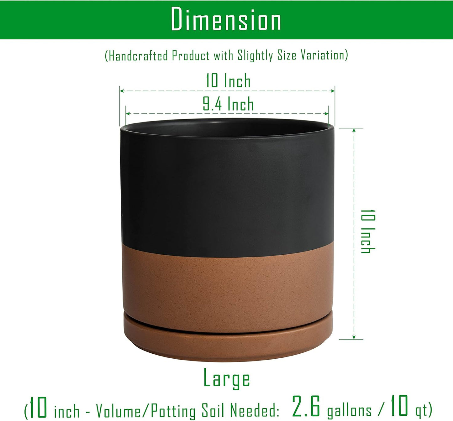 D'vine Dev Set of 2 Plants Pot, 10 Inch Ceramic Planter Pot for Plants with Drainage Hole and Saucer, Black/Speckled Tan, 94-V-E-7