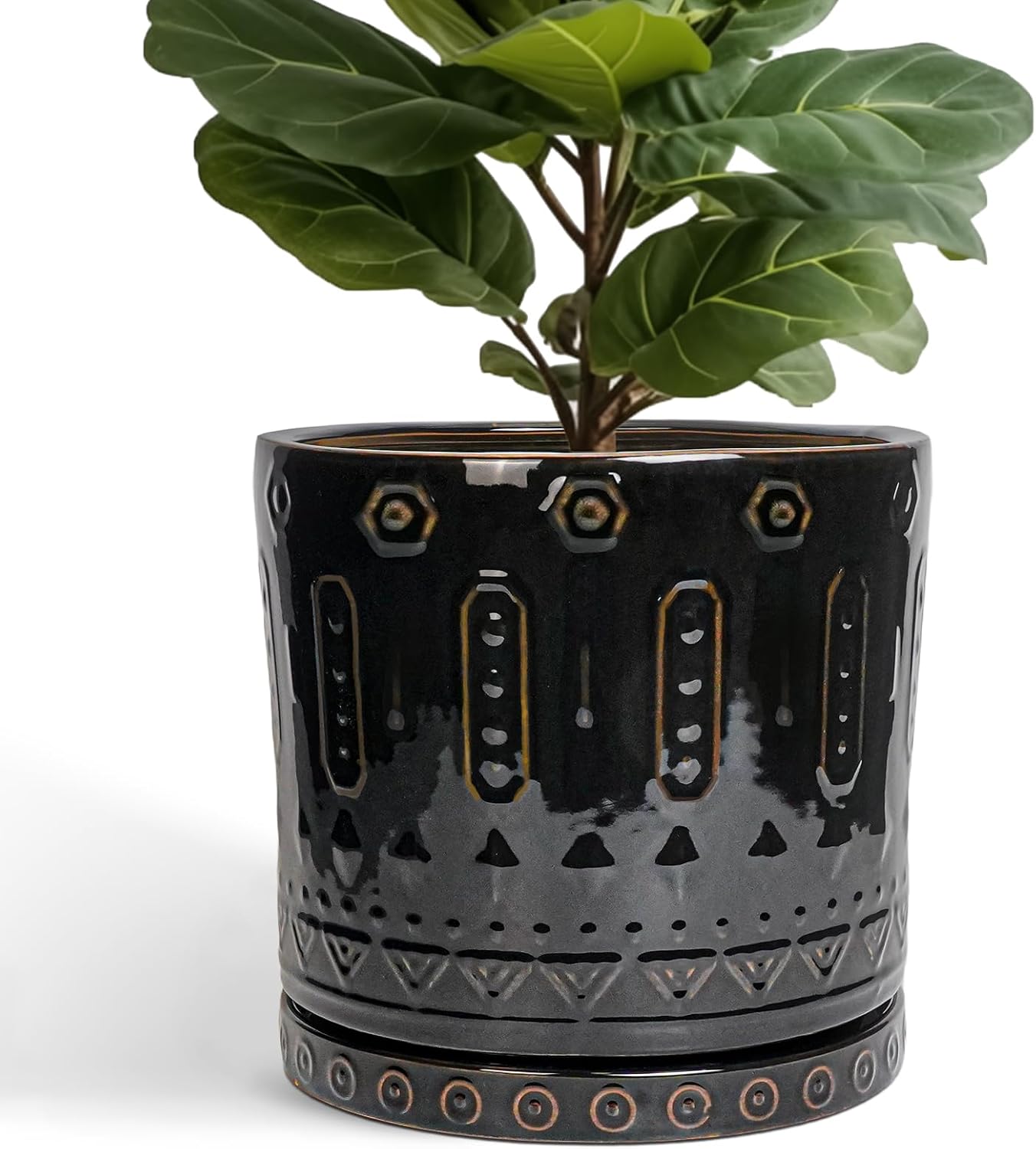 Ceramic Pots for Plants - 12 Inch Large Planter with Drainage Hole and Saucer, Ceramic Flower Pots for Indoor Outdoor, Boho Round Planter, Patio Decor, Gifts for Plant Lover, Black