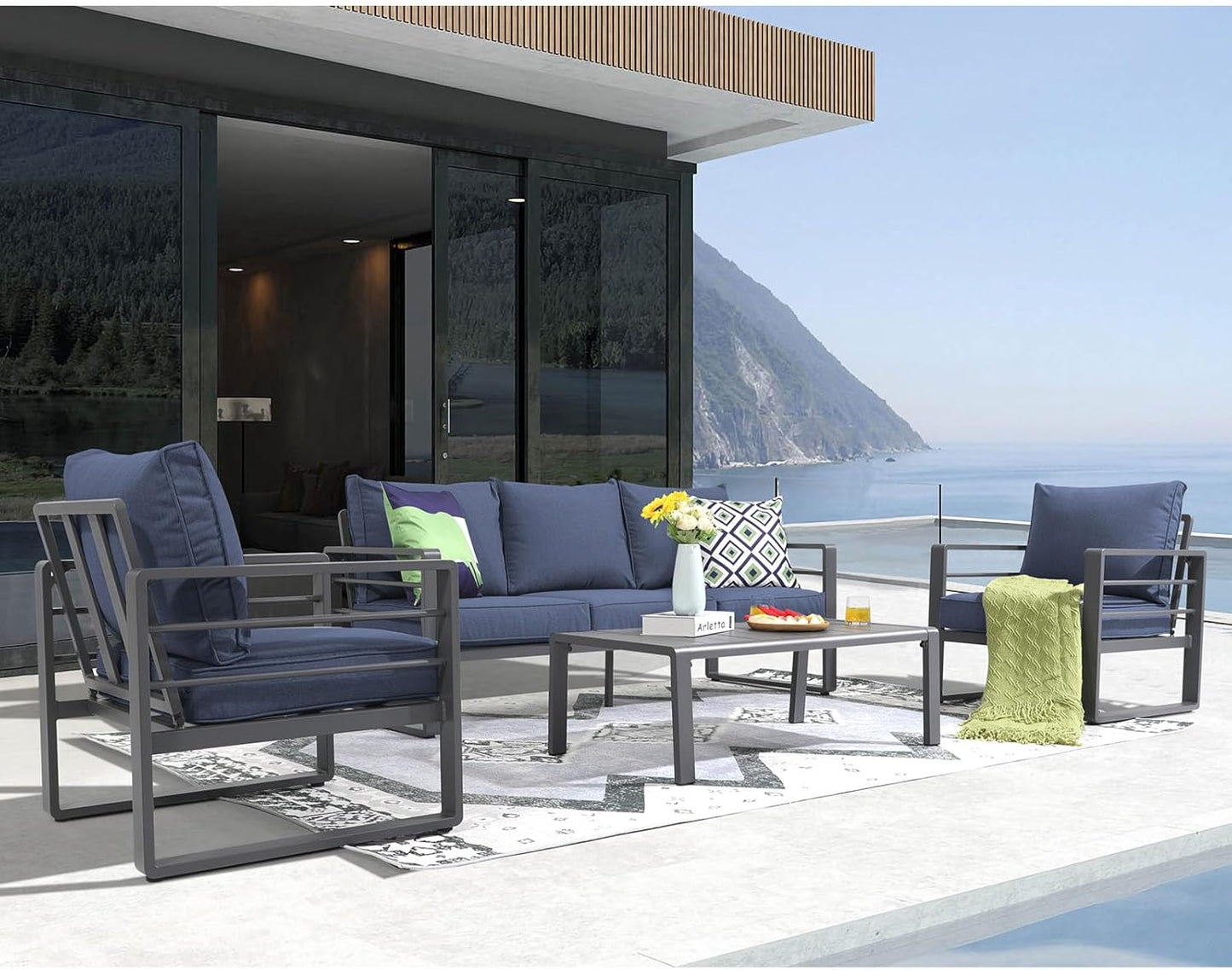 Patiorama Aluminum Patio Furniture Set, 4 PCS Modern Patio Conversation Set, All Weather Dark Grey Outdoor Sectional Sofa Set w/Table, 3-Seater Sofa, Superior Olefin Cushion, Garden-Blue Cushion