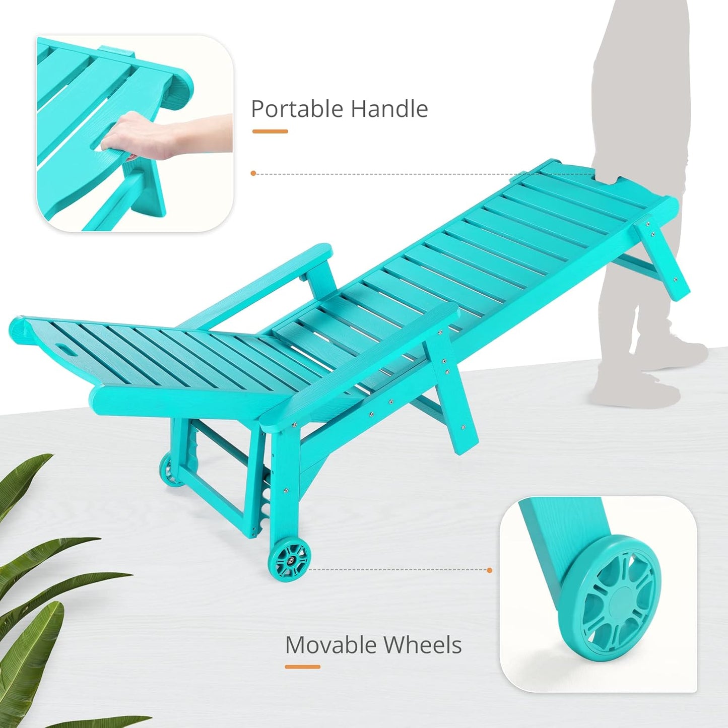 LUE BONA Chaise Lounge Chairs Set with Table, 6-Piece, 79'' Oversized HDPS Chaise Lounger, 5 Positions Adjustable Lounge Chairs, Pool Lounge Chair with Wheels for Poolside, 3 Year Warranty, Aruba Blue