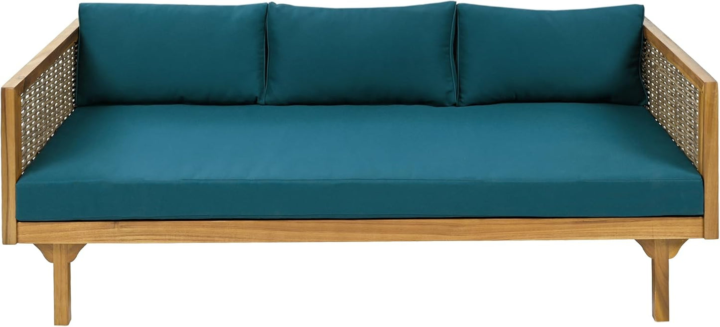 Christopher Knight Home Outdoor 3 Seater Acacia Wood Daybed with Fabric Water Resistant and Removable Cushions, Patio Garden Sofa with Wicker Armrest and Slat Paneling Back, Teak and Dark Teal