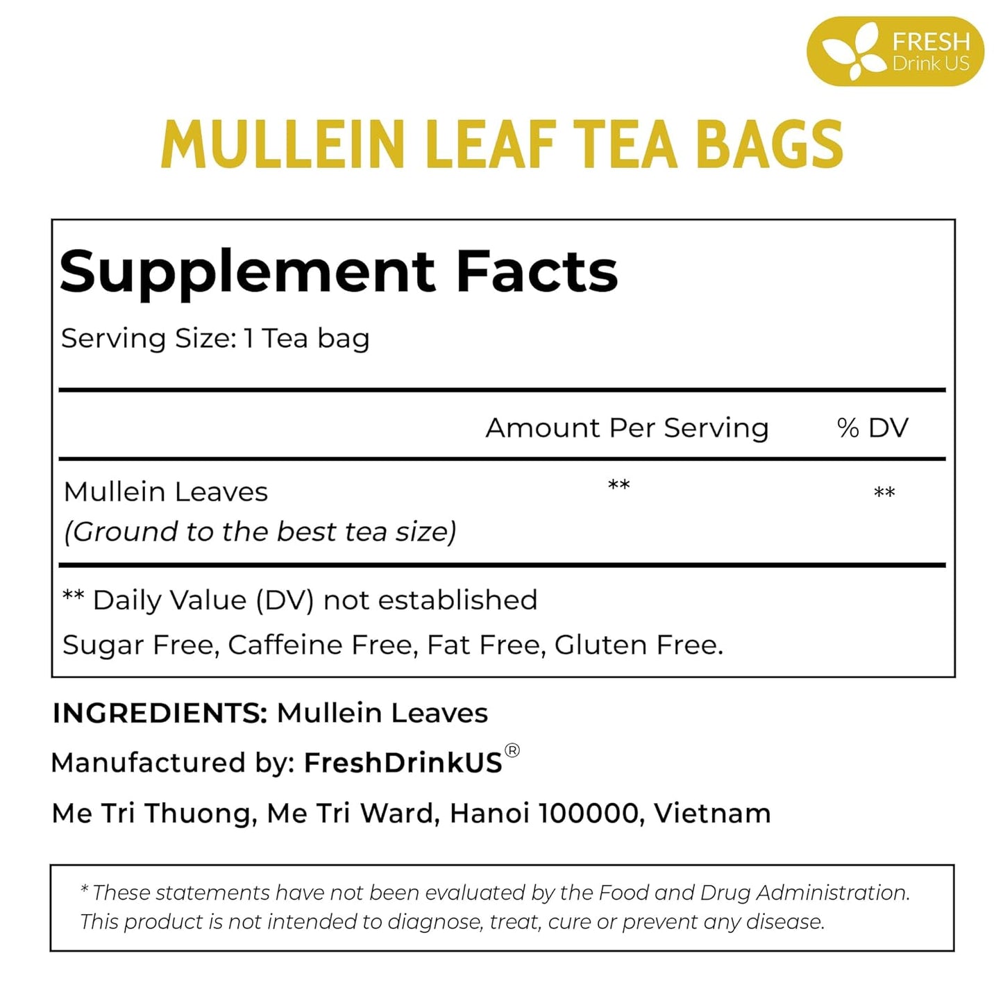 FreshDrinkUS, Premium 25 Mullein Leaf Tea For Lungs, Lung Detox Tea, Great Tea For Lung, Handmade, 100% Natural & Pure, Mullein Tea, Lung Detox For Smokers, No Sugar, No Caffeine, No Gluten, Vegan
