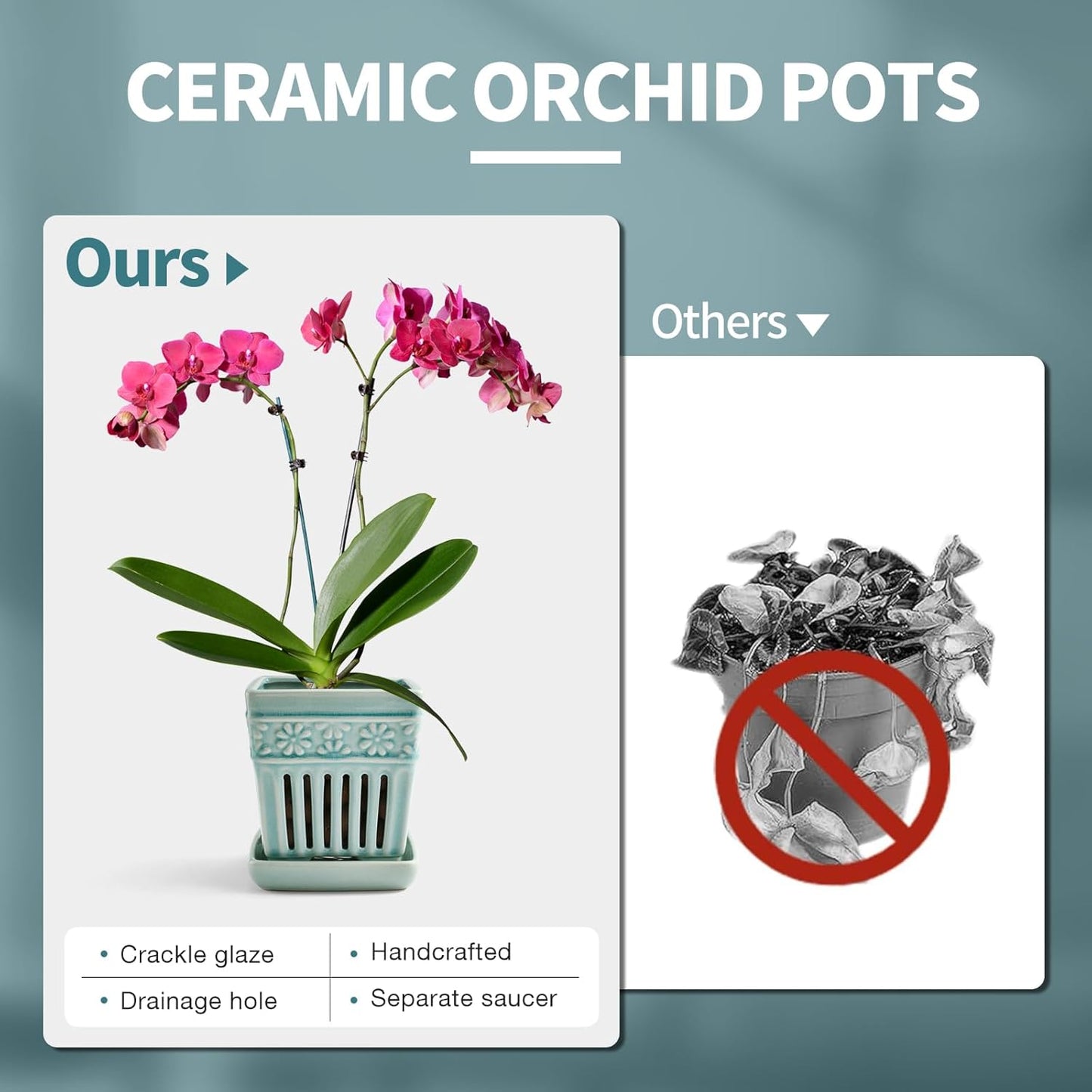 Orchid Pots with Holes | 5" Ceramic Orchid Planter with Separate Saucer and Drainage Holes | Crackle Glazed Pottery Small Flower Pot for Repotting Orchids（Blue）