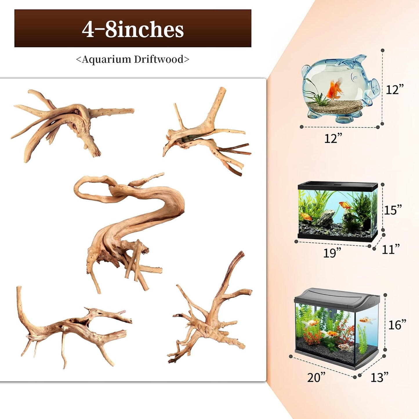majoywoo Natural Driftwood for Aquarium Decor Fish Tank Decorations, Assorted Spider Wood Branch 4-8" 5 Pcs, Reptile Decor