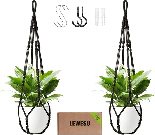 Macrame Plant Hanger Indoor Set of 2 with 4 Hooks, Indoor Outdoor Hanging Planter for Plants Holder with Decorative Wood Beads & No Tassels, Boho Home Decor, 35 Inch Black (Pots Not Included)