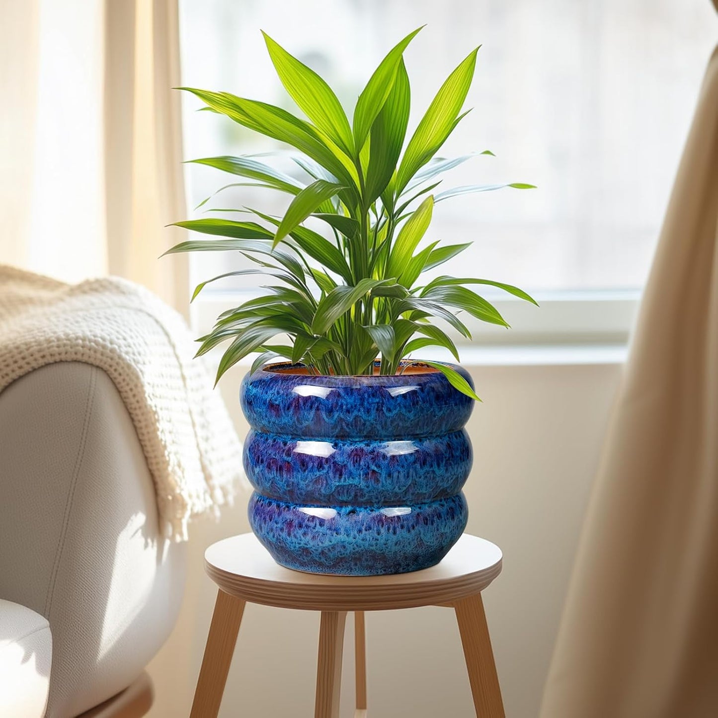 SQOWL Ceramic Planter Pot - 8 Inch Plant Pot Indoor with Drainage Hole Round Outdoor Pot for Plants Decorative Flower Pots Round Planter for Home Room Decor Blue