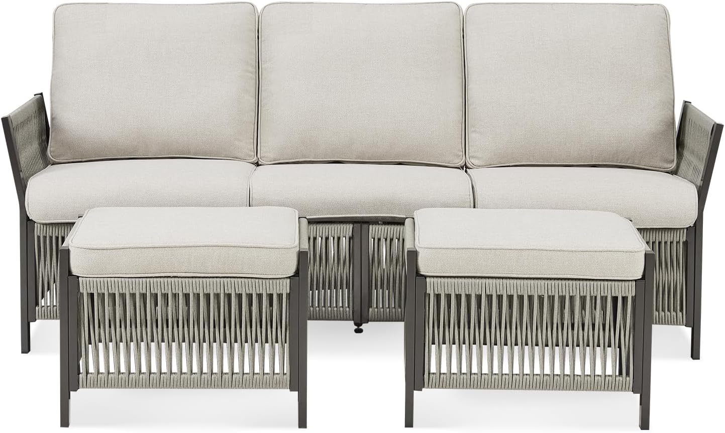 3 Pieces Patio Furniture Set, Outdoor Sectional Wicker Patio Couch with Ottoman & Washable Cushions All-Weather PE Rattan Patio 3-Seating Sofas for Garden, Porch, Backyard - Beige