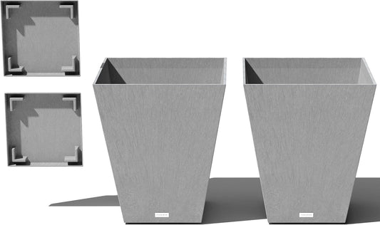 Veradek Nobleton Indoor/Outdoor Wide Square Planter (Light Grey, 22 inch - 2 Pack with 2 Saucer Trays)