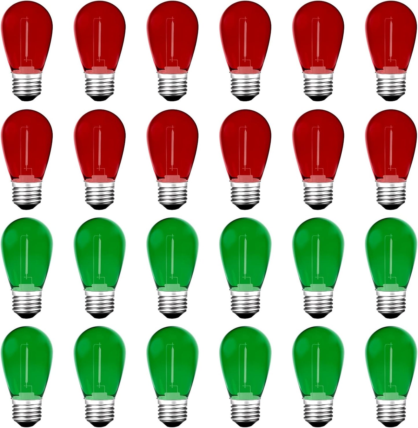 S14 Colored LED String Light Bulbs, 24-Pack 1W Plastic Shatterproof Waterproof Outdoor Indoor Replacement Bulbs for Home Decor, E26 Medium Screw Base, Red and Green Christmas Bulbs