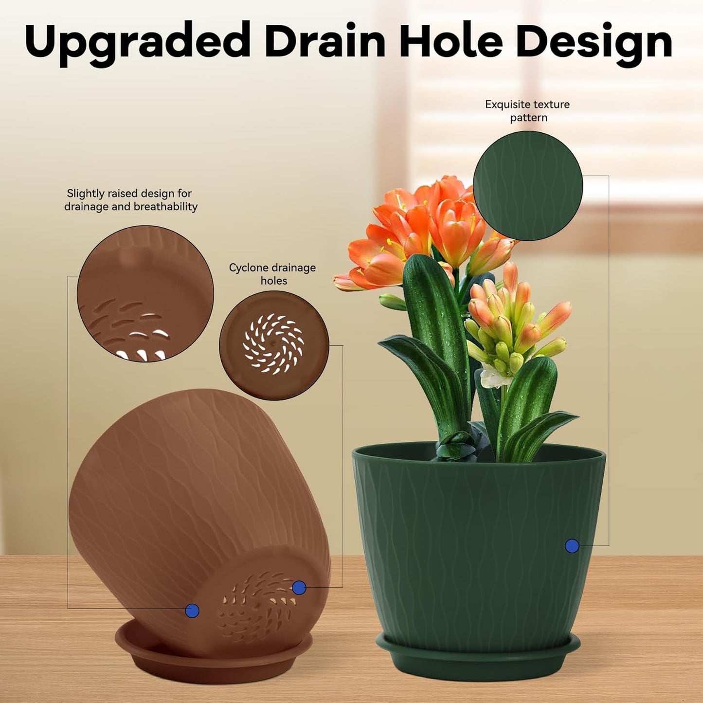 Plant Pots – 6 Inch Planters with Drainage Holes and Saucers, Flower Pots for Indoor and Outdoor Plants, Nursery Planting Pots (Pack of 5, Multicolor)