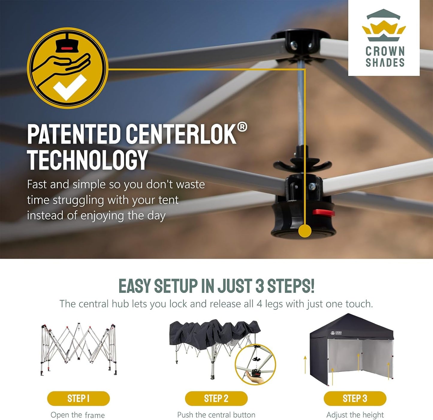 CROWN SHADES 10X10 Comercial Instant Canopy Pop Up Tent with Center Lock (10x10 with 4 Sidewalls, Black)