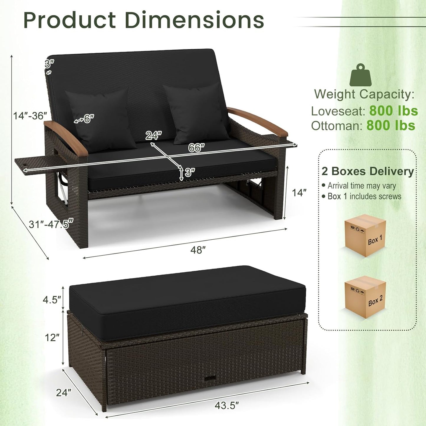 Tangkula Patio Rattan Daybed Set with Cushioned Loveseat and Storage Ottoman, Outdoor Double Chaise Lounger with 4-Level Adjustable Backrest and Retractable Side Trays for Backyard (Black)