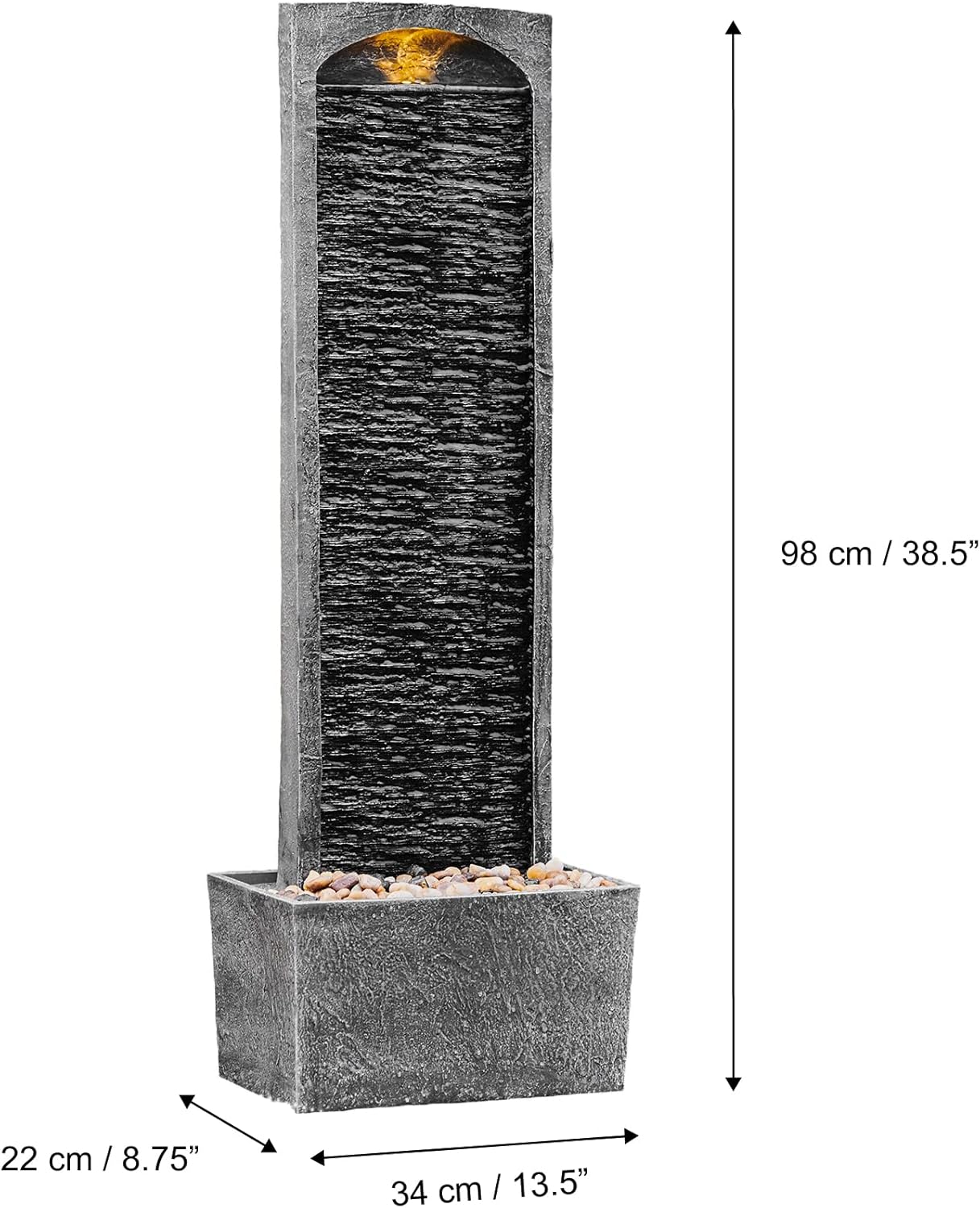 Teamson Home 38.5" Faux Slate Contemporary Outdoor LED Waterfall Fountain with Pebble Base, Gray/Black