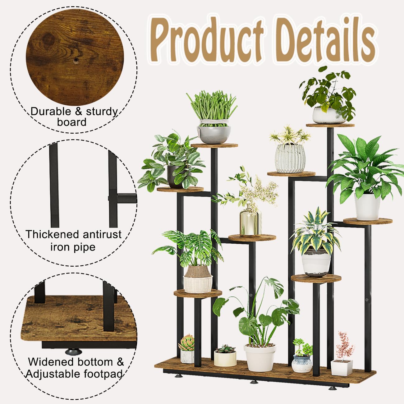 Plant Stand Indoor 9 Tier 11 Potted Multiple Flower Pot Holder for Patio Garden Balcony Living Room Corner (9 Tier Black+Rustic Brown)