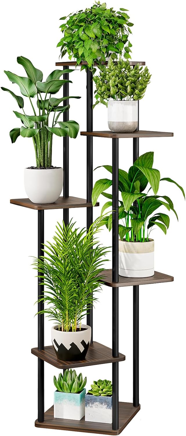 AZERPIAN Plant Stand 6 Tier Indoor Metal Flower Shelf for Multiple Plants Corner Tall Flower Holders for Patio Garden Living Room Balcony Bedroom, Black Oak