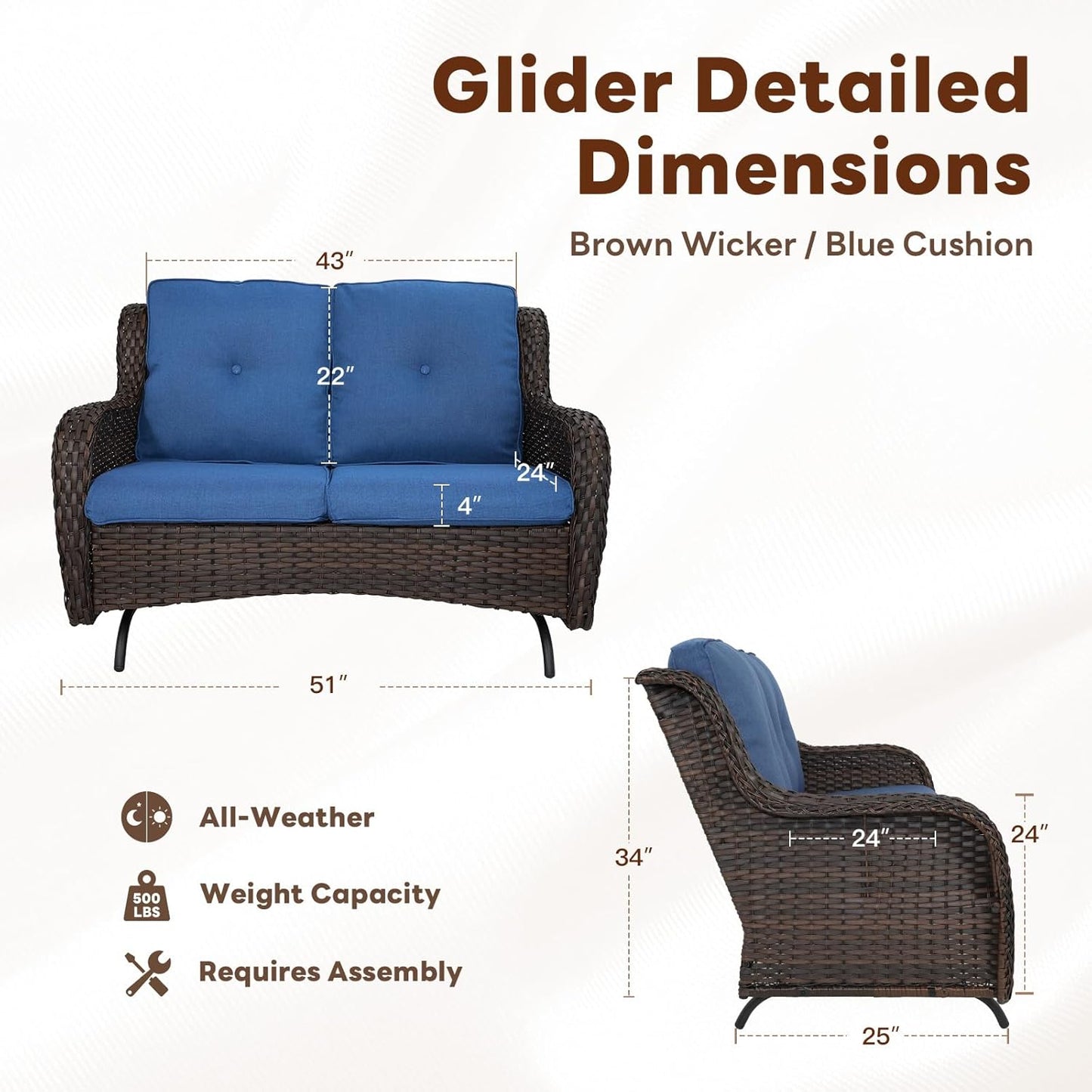 Spacious Outdoor Glider Bench - 500 LBS Weight Capacity Small Loveseat, 2 Seater Patio Gliders Furniture All Weather Wicker Couch with Removable Cushion for Deck Sunroom Balcony Backyard