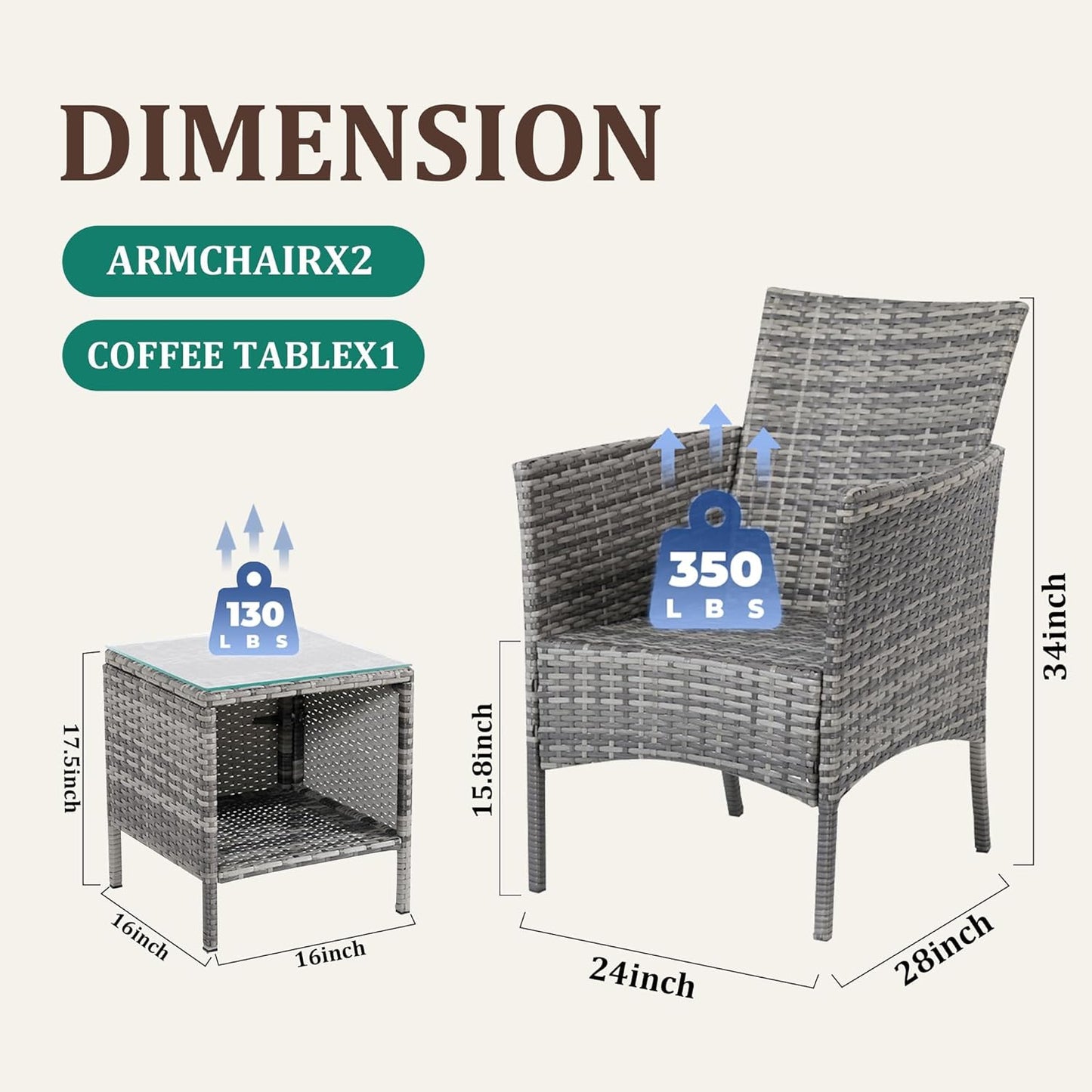 3 Piece Patio Furniture Set - Outdoor Conversation Sets with Coffee Table, Rattan Chair Set for Garden/Poolside, Grey/Navy Blue