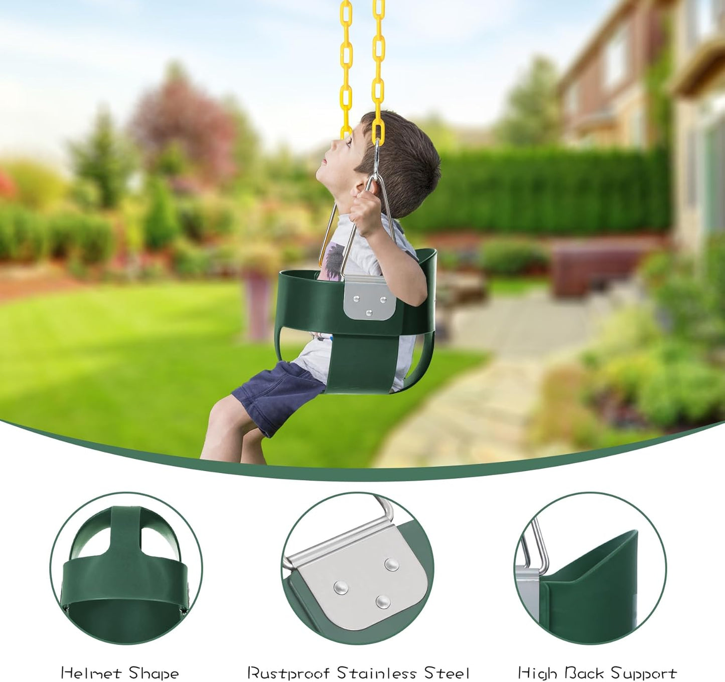 Heavy-Duty Toddler Swing with Coated Safety Chains-High Back Bucket Seat Includes Tree Straps,Hooks for Backyard, Playground,Outdoor Use (Green)
