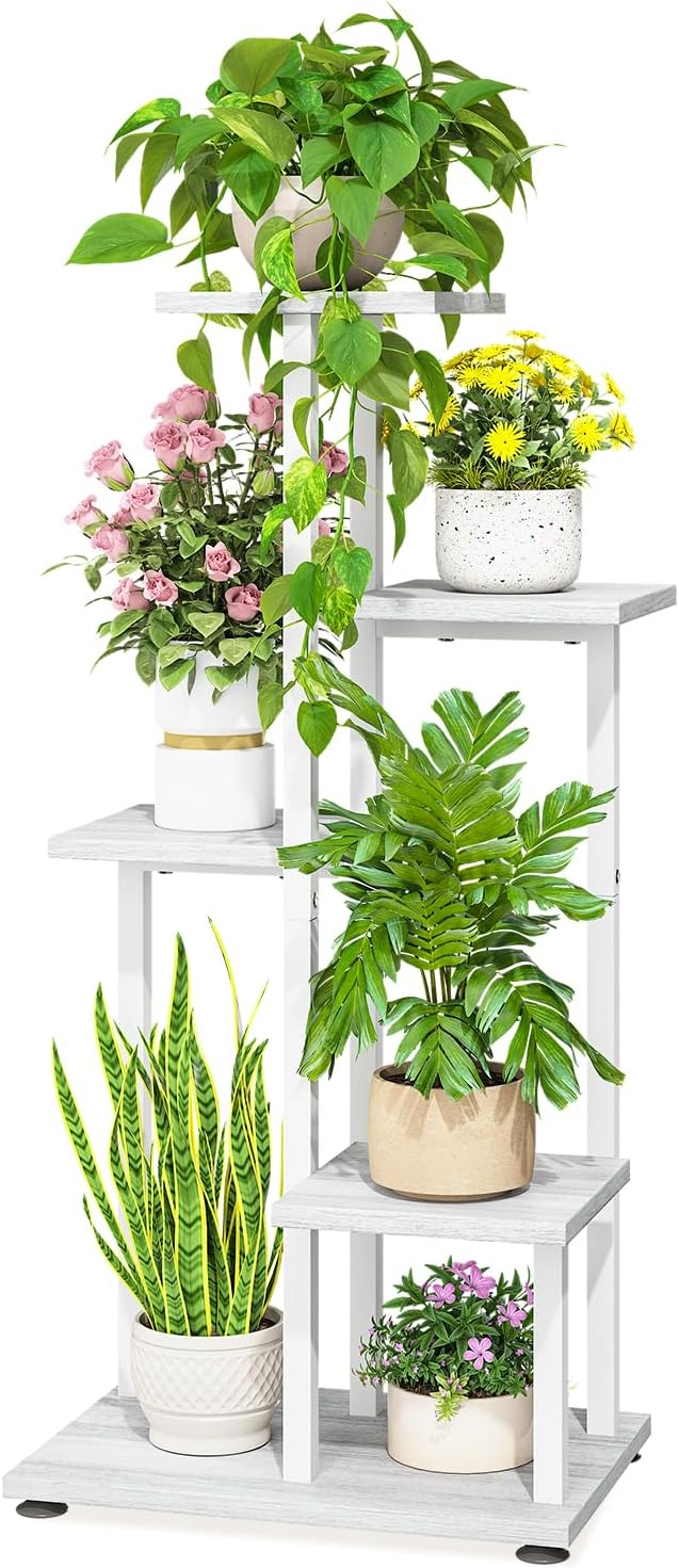 LASZOLA White 5 Tiered Wood Plant Stand Indoor for Large Heavy Duty Planter, Sturdy Multi Level Corner Vertical Flower Rack for Narrow House, Rustic Tall Orchid Shelving Holder for Decor, Space Saving