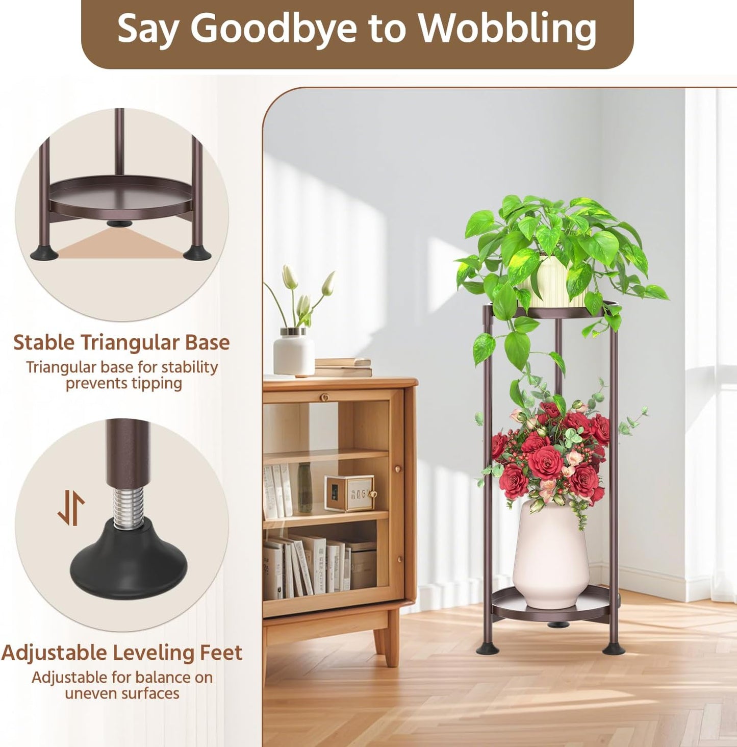 LASZOLA 2 Tier Bronze Plant Stand Indoor for Large Tall Heavy Duty Flower Planter, Metal Vertical Multi Level Rack for Narrow Floor Corner, Sturdy Round Holder Organizer, Modern, Mid Century, Farmhouse