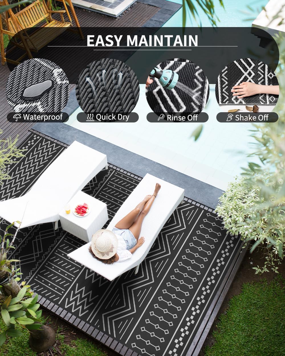 Outdoor Rug Carpet Waterproof 8x10 ft Patio Rug Mat Indoor Outdoor Area Rug for RV Camping Picnic Reversible Lightweight Plastic Straw Outside Rug for Patio Decor Decoration Boho Rug Black White