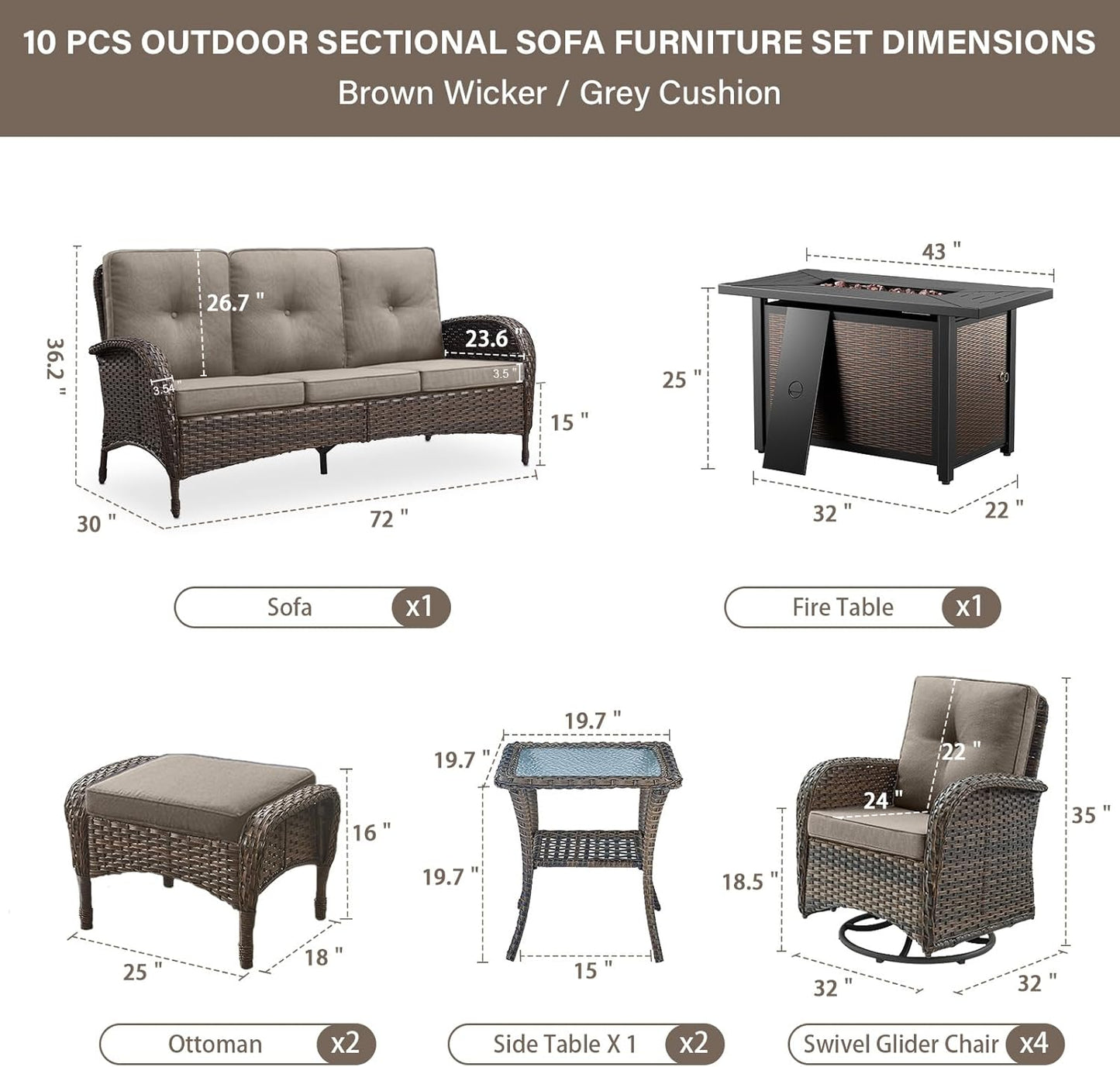 Expansive 10 Pieces Outdoor Patio Furniture Set with 43” Propane Fire Pit Table, Patio Conversation Set with Swivel Rocker Outdoor Chairs Set of 4 and Sofa, Ottoman and Wicker Side Table Brown