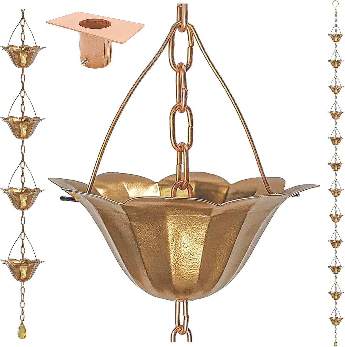 8.5FT Lotus Copper Colored Iron Rain Chains for Gutter and Rain Barrel, Rust-Resistant Plated Garden Décor Rain Chain for Downspout, Bonus Rain Chain Gutter Adapter
