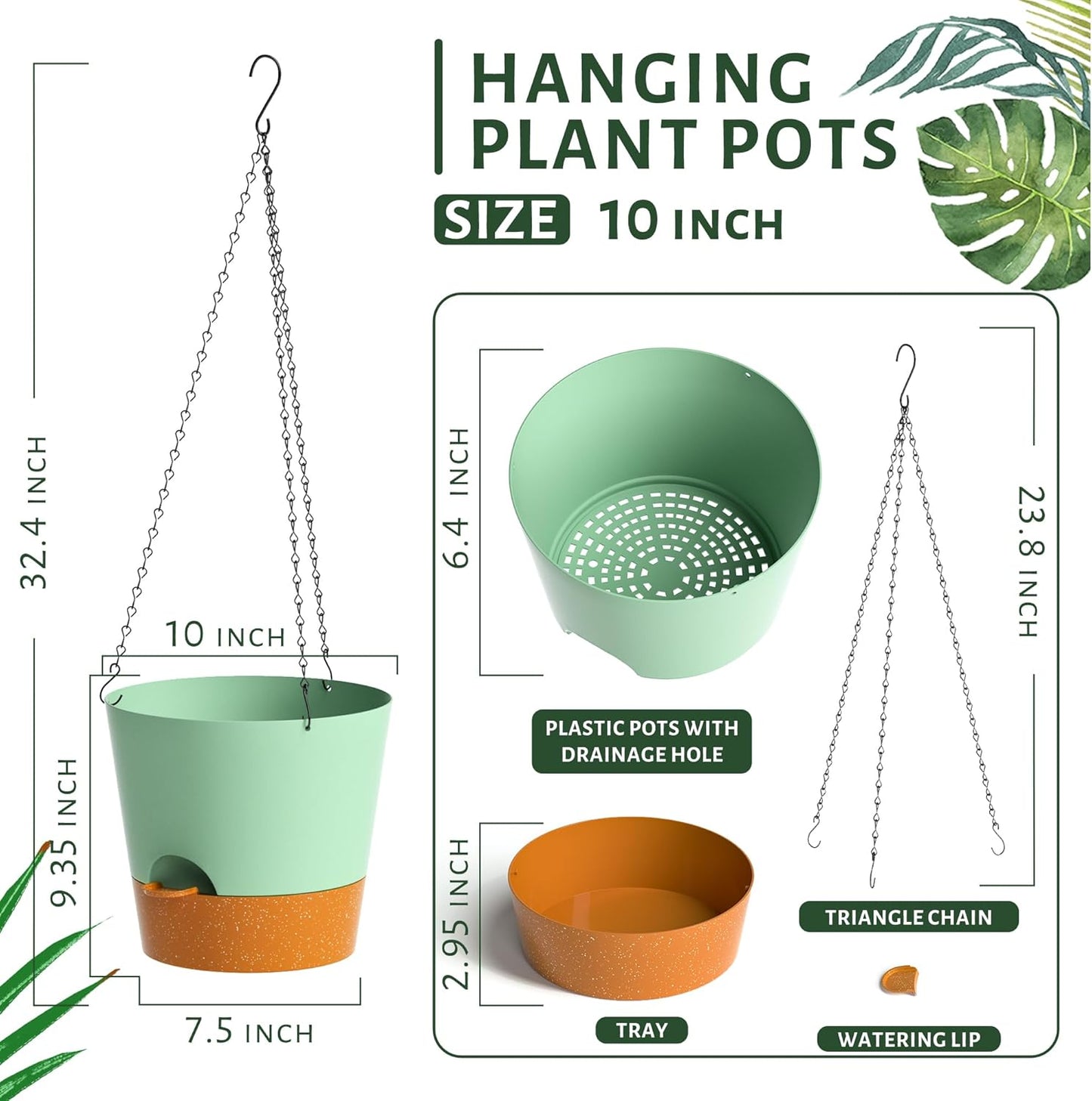 Hanging Planters for Indoor Outdoor Plants, 2 Pack Self Watering Hanging Pot with Drainage Holes and Plant Hangers, Hanging Baskets Flower Pots for Home Garden Decor (Green, 10 inch)