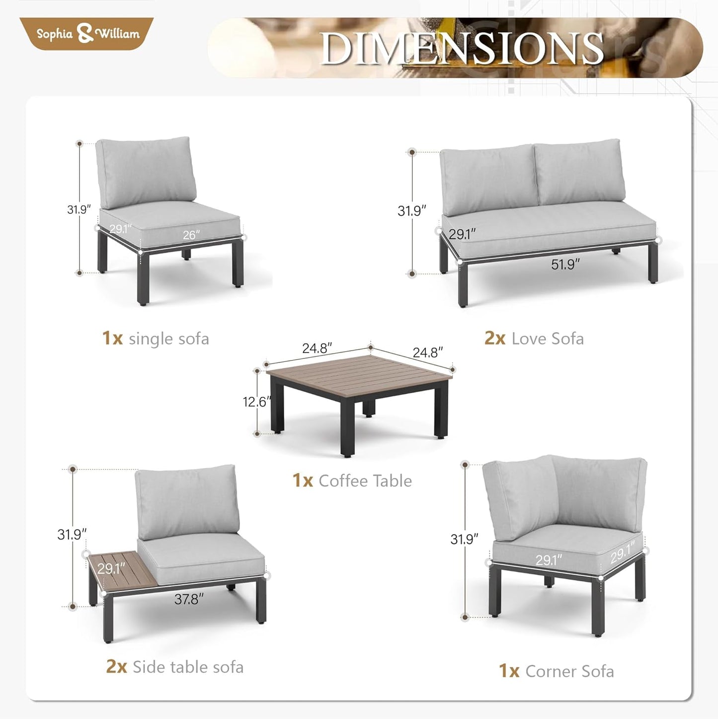 Sophia & William 7 Piece Outdoor Patio Furniture Set, Metal Sectional Sofa Patio Conversation Set with Cushions-2 x Single Sofa with Side Table, 2 x Single Chair, 2 x Loveseat, 1 x Tea Table
