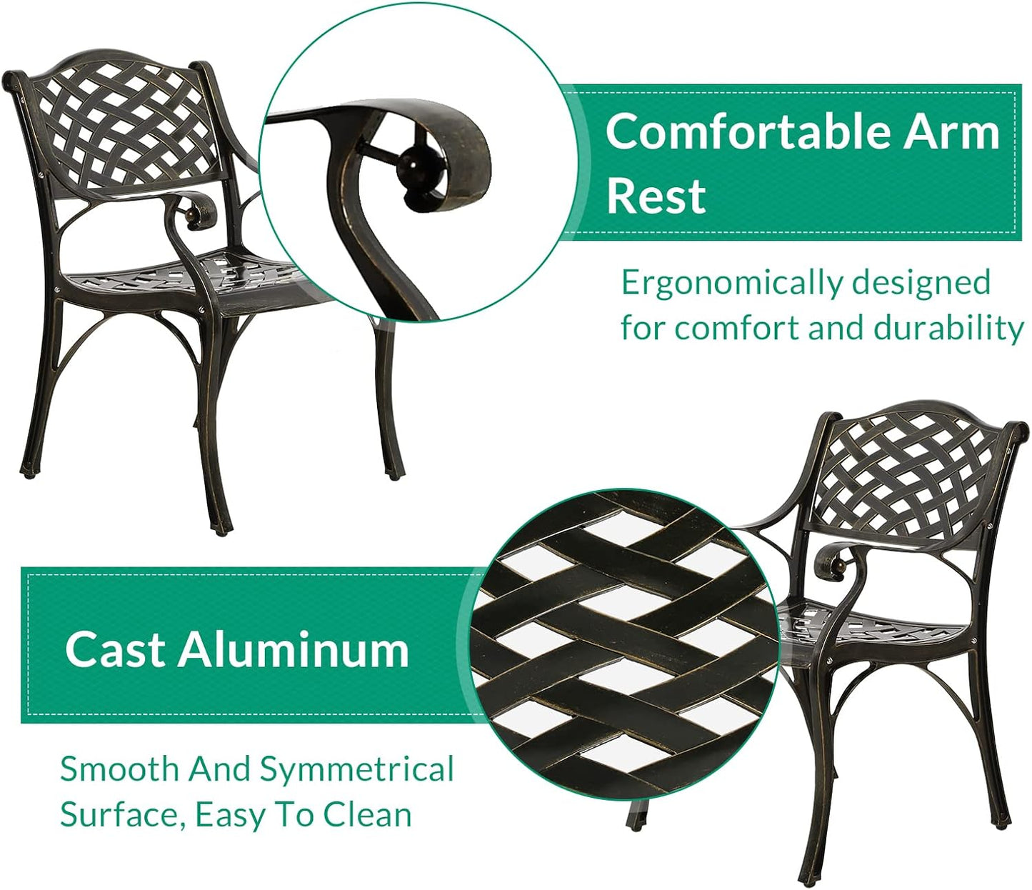 VIVIJASON 3-Piece Patio Bistro Set, All-Weather Cast Aluminum Outdoor Furniture Dining Set, Include 2 Chairs and 31" Round Table w/Umbrella Hole for Balcony, Lawn, Garden, Backyard, Antique Bronze