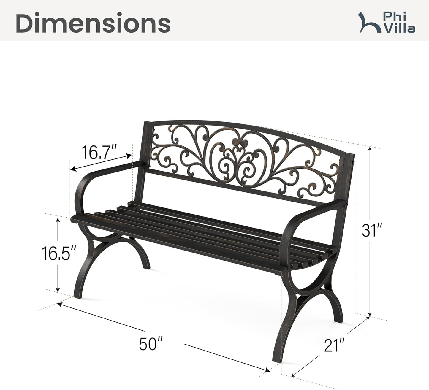 PHI VILLA 50" Garden Bench Outdoor Bench Patio Bench for Outdoors Metal Porch Steel Frame Furniture for Yard