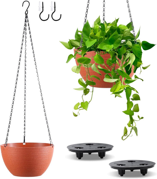 Hanging Planters for Indoor Outdoor Plants, Set of 2 Self Watering Hanging Pots with Drainage Hole & Plug and 20" Chain & Hooks