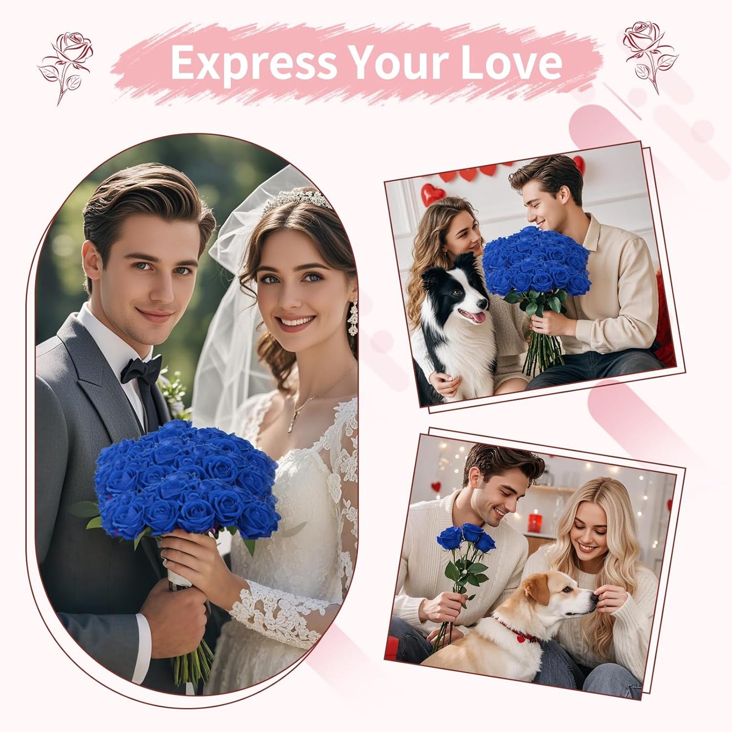 102 PCS Fake Roses Artificial Flowers Bulk, Blue Roses Bridal Bouquet Silk Faux Rose with Stems for Wedding Flowers Decoration, Valentine's Day, Bridal Bouquet, Anniversary,Home Decor(102PCS, Blue)