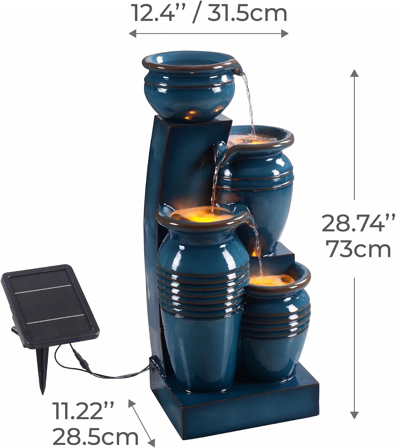 Teamson Home 28.74 in. 4-Tier Cascading Bowl Solar-Powered Water Fountain with LED Lights for Gardens, Landscaping, Patios, Balconies, Lawns, Blue