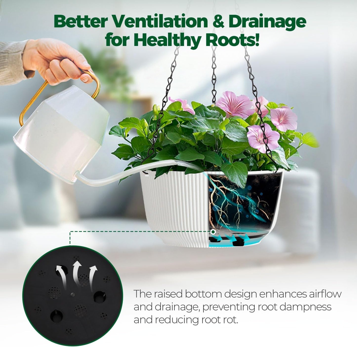 T4U 12 Inch Large Hanging Planters for Outdoor Plants, 2 Pack Self Watering Pots Indoor, Hanging Baskets for Plants,Hanging Flower Pot with Drainage Hole and Plant Hanger, White